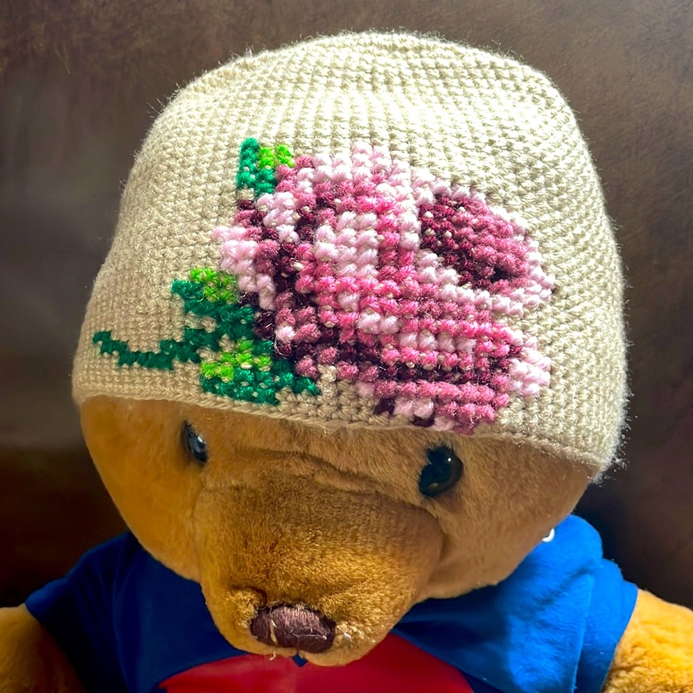 Hand made beanie, crocheted and Crosstitch with love. 🌹 rose beautiful. NWOT